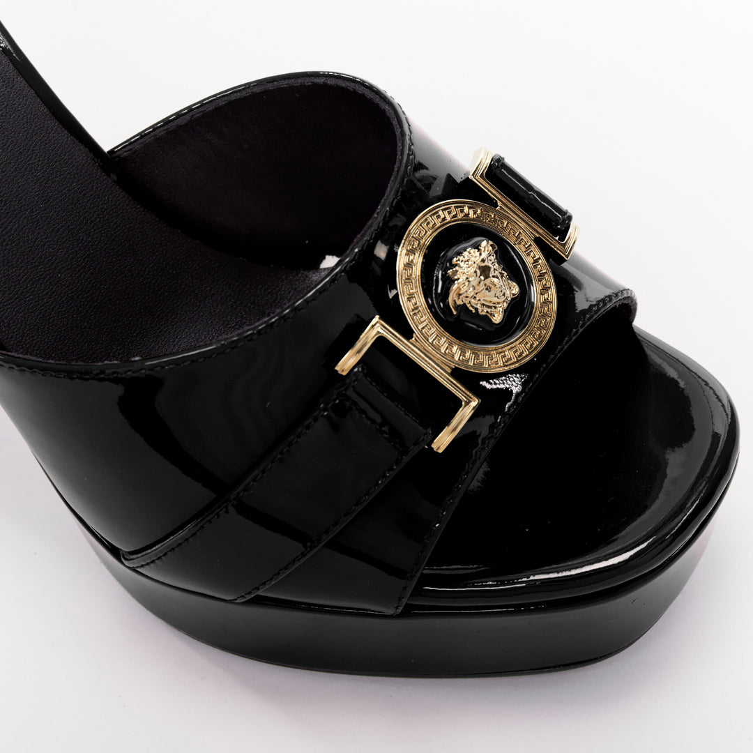 VERSACE Tribute black patent gold Medusa open toe platform sandal EU41