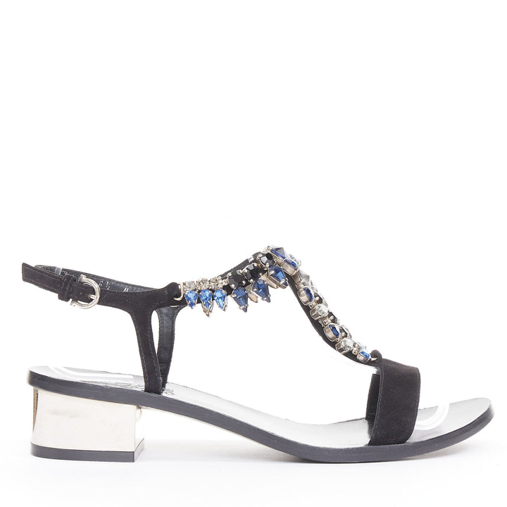 SALVATORE FERRAGAMO blue crystal black suede low block heel tstrap sandals UK6.5
