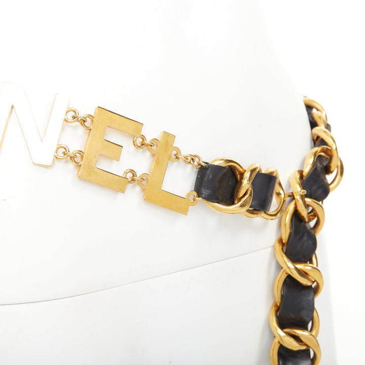 rare CHANEL 1993 Vintage Spell Out logo black leather interwoven gold chain belt