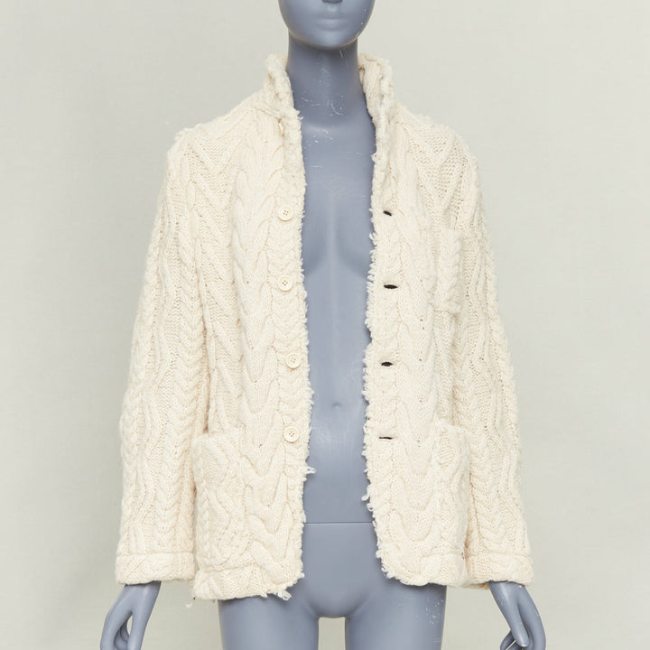 JUNYA WATANABE MAN 2003 cream frayed edge wool cable knit tailored jacket M