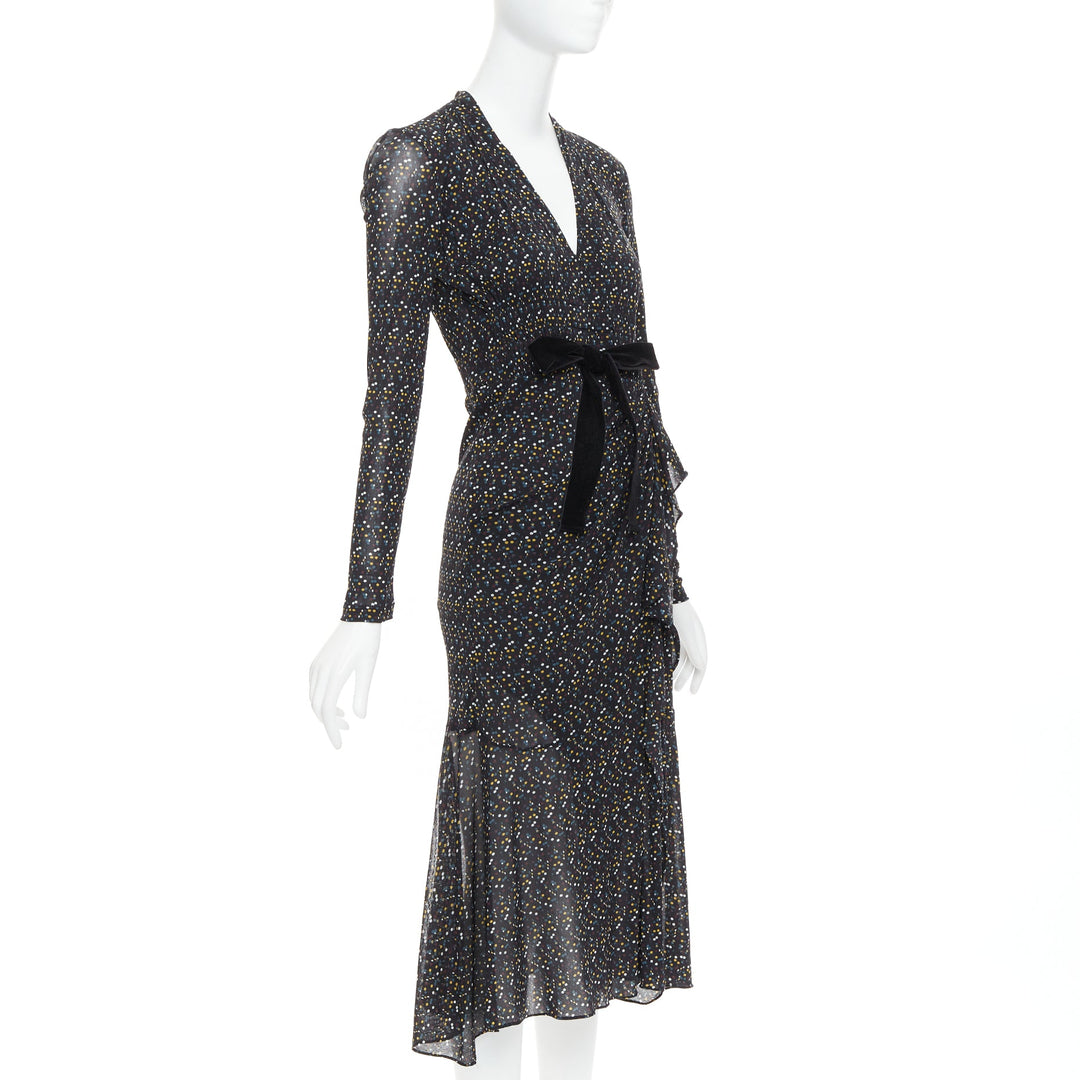 DIANE VON FURSTENBERG black multicolour polka dot bow wrap dress S