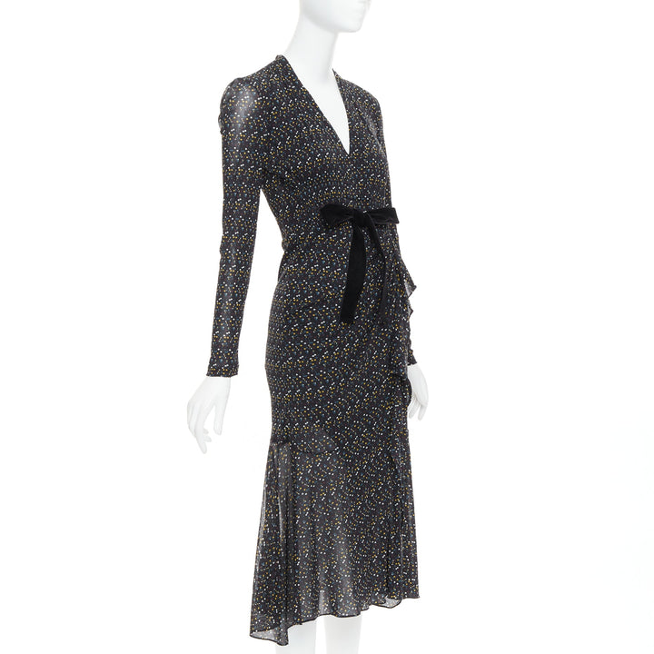 DIANE VON FURSTENBERG black multicolour polka dot bow wrap dress S