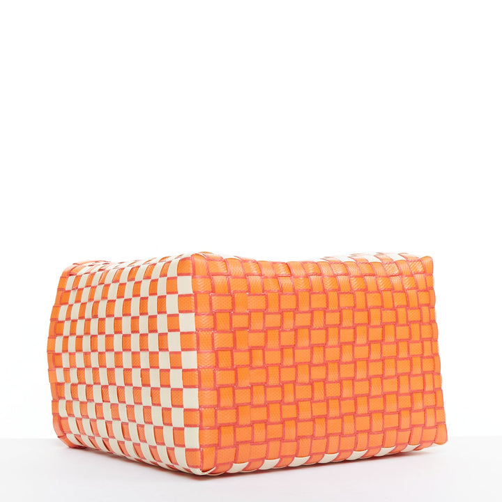 MARNI Basket orange cream straw brown leather tag rope trim top handle bag