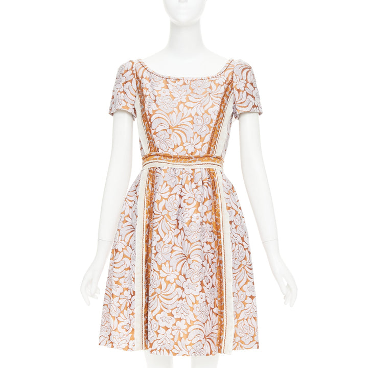 PRADA 2015 Runway purple brown floral jacquard overlocked stitch dress IT38 XS