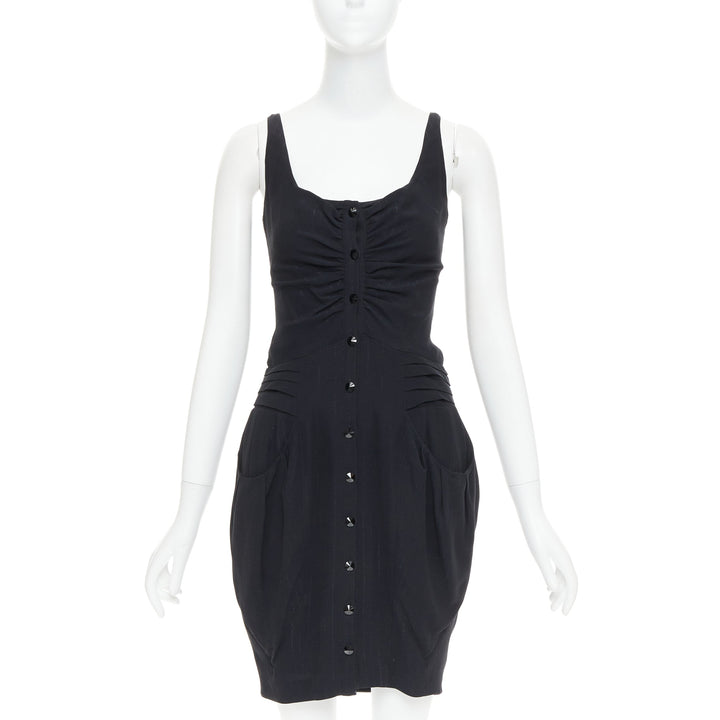 BALMAIN black lurex pinstripe ruched front scoop neck curvy mini dress FR36 S