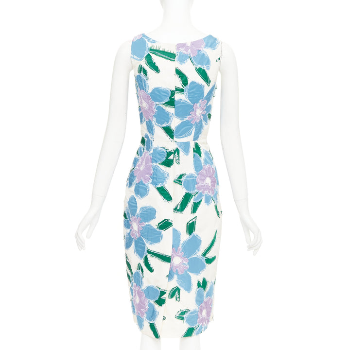 PRADA 2016 cream blue green silk overstitch patchwork floral bow dress IT38 XS