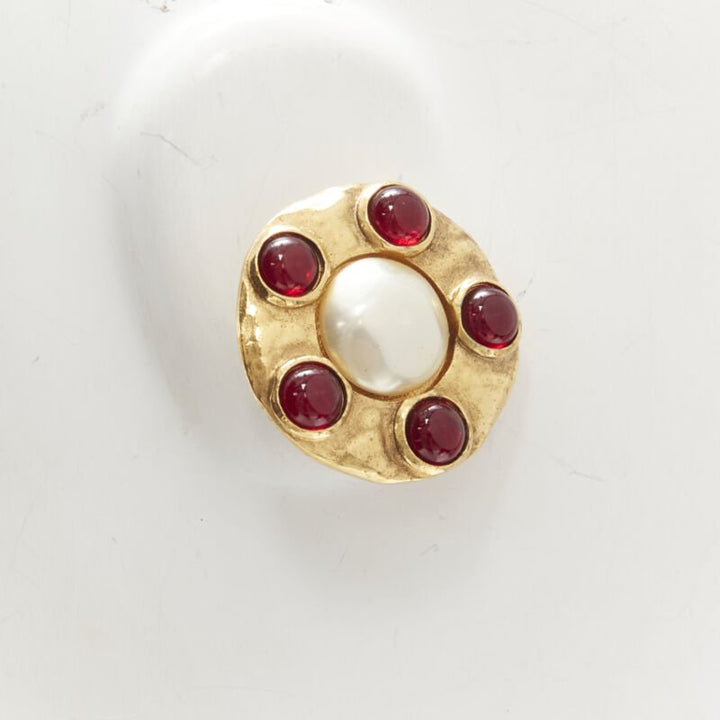 CHANEL Vintage 1990's Collection 23 gold red Gripoix faux pearl clip on earrings