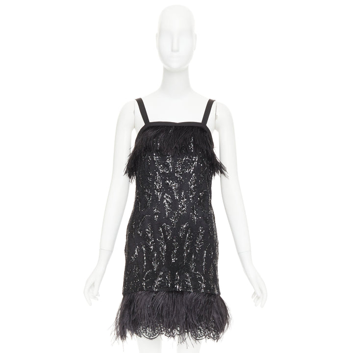 rare PRADA 2014 black sequinned lace ostrich feather strappy mini dress IT38 XS