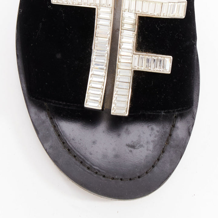 TOM FORD black velvet silver big crystal TF embellished flat sandals EU38