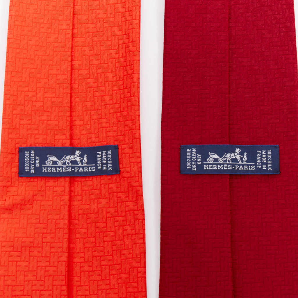 HERMES Set of 2 100% silk orange red geometric H logo jacquard dress tie