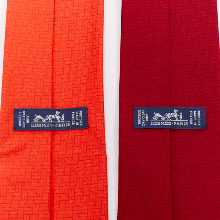 HERMES Set of 2 100% silk orange red geometric H logo jacquard dress tie