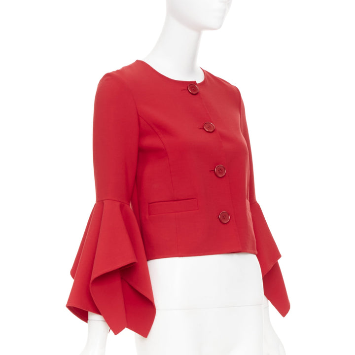 OSCAR DE LA RENTA 2018 flared ruffle sleeve cropped red wool jacket US0 XS