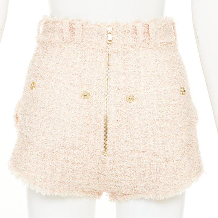 BALMAIN 2024 pink fringe lion head button high waist boucle tweed shorts FR34 XS