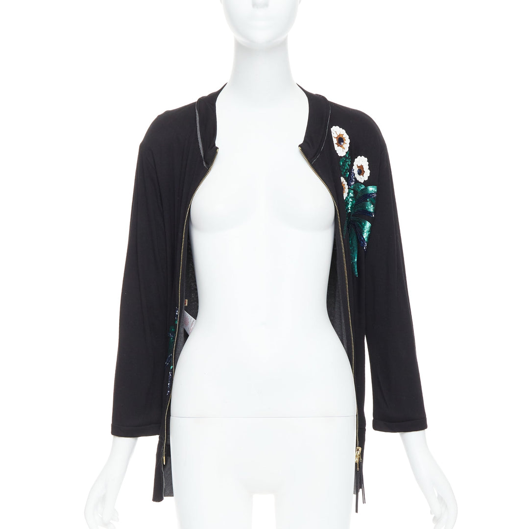 MARNI black white green sequins flower leather zip jersey jacket IT42 M