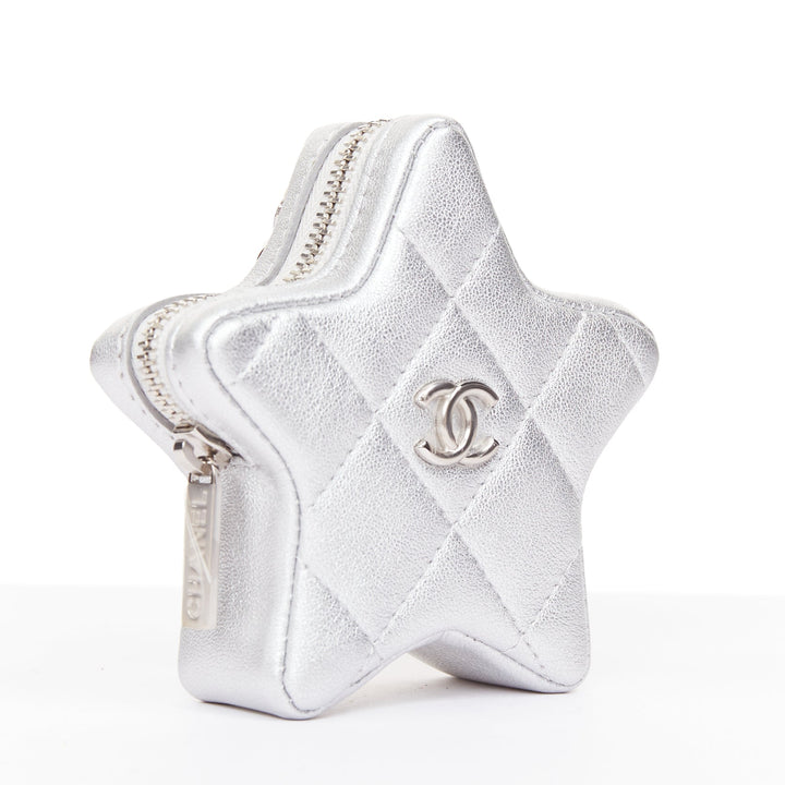 CHANEL 2024 Walk of Fame silver lambskin leather CC logo star small coin purse