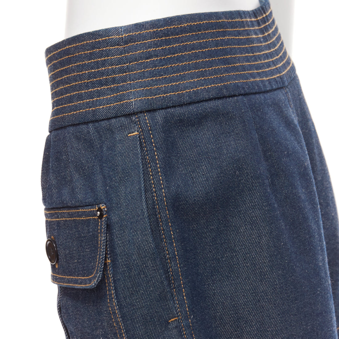 CHLOE blue cotton raw denim yellow topstitched cargo pocket shorts FR36 S