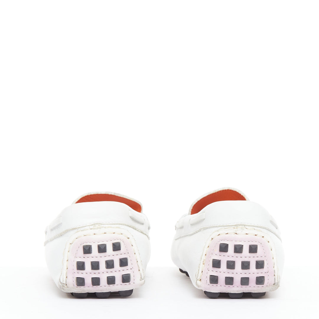 HERMES Irving white swift leather silver stud driving loafers EU35.5