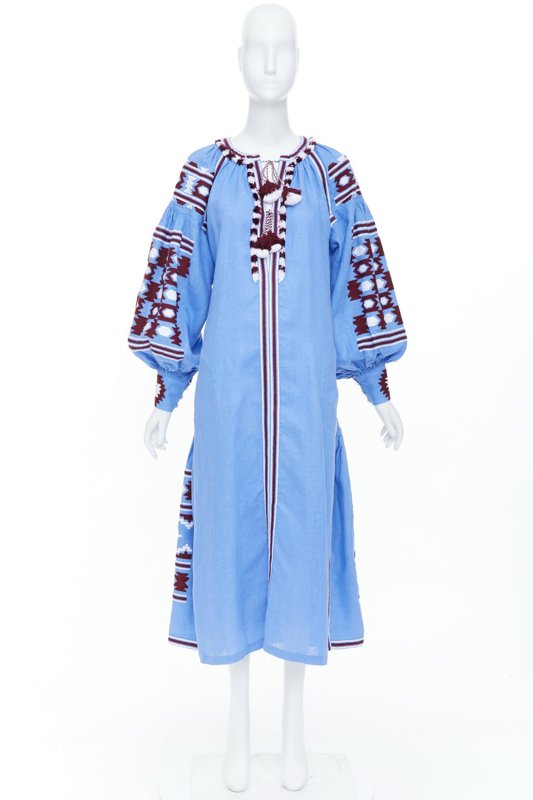 VITA KIN blue linen red folk ethnic embroidery boho peasant kaftan dress S/D