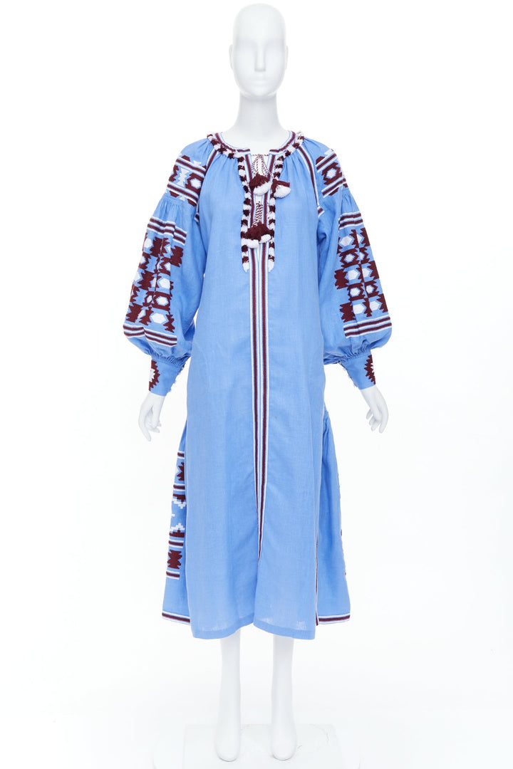 VITA KIN blue linen red folk ethnic embroidery boho peasant kaftan dress S/D