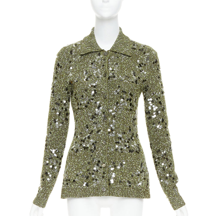 GUCCI De Sarno dark green boucle knit multi pailettes cardigan S