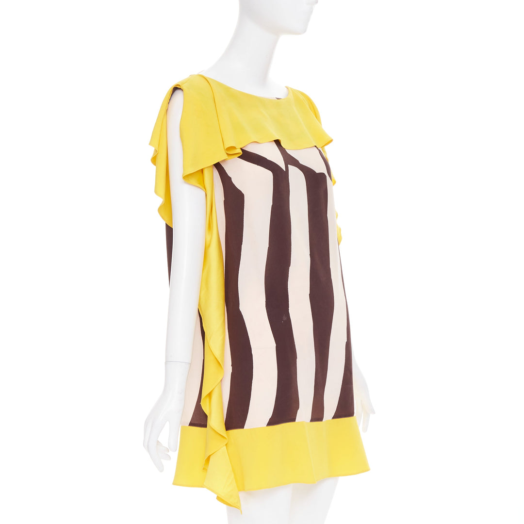 ESCADA Vintage abstract print yellow brown cream ruffle silk mini dress FR40 M
