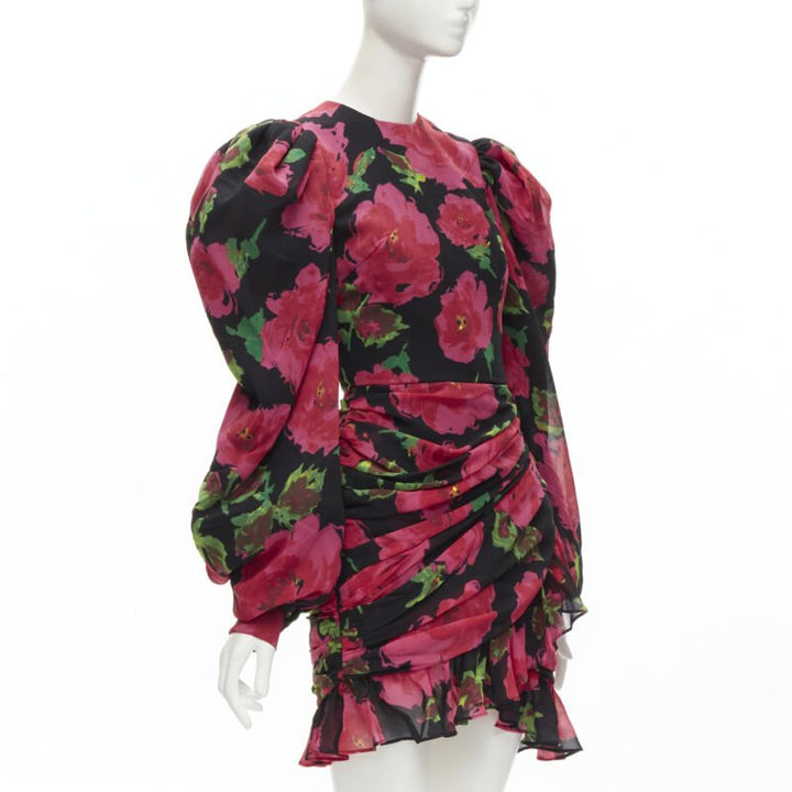 RICHARD QUINN 2020 black red rose print wrap skirt puff sleeve 80's dress UK8 XS