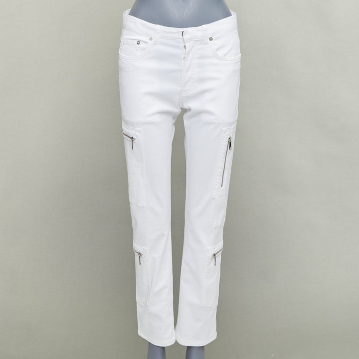 DIOR HOMME white cotton blend silver zip cargo pockets straight jeans 29"