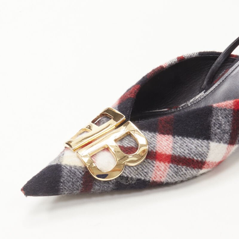 BALENCIAGA BB Knife gold logo red black plaid wool sling kitten pump EU38.5