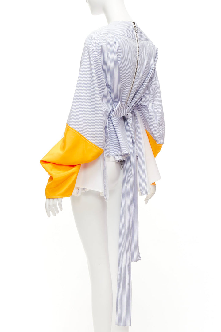 MARINE SERRE yellow blue white pinstriped puff sleeve peplum top M