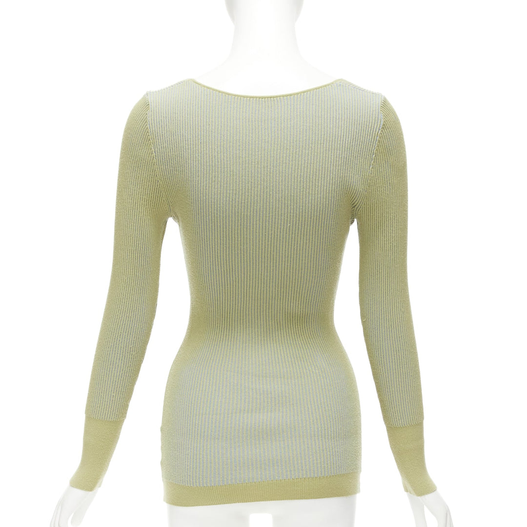JACQUEMUS Rosa green blue ribbed scoop neck fitted long sleeve top FR40 L