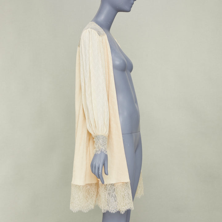 CHANEL ivory sheer silk georgette floral lace trim beach duster robe FR38 M