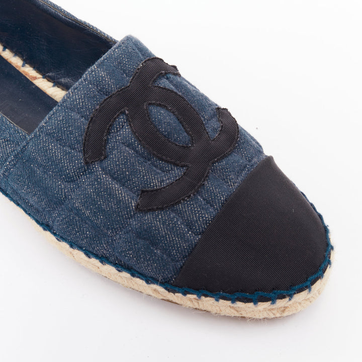 CHANEL 2016 blue embossed denim animal pattern quilted CC espadrilles shoes EU39