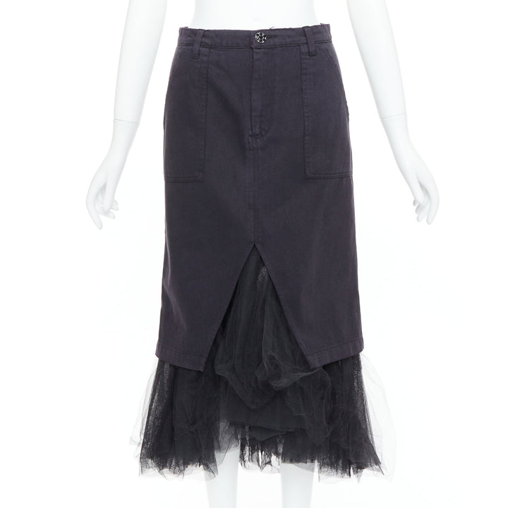 LE SUPERBE black denim tulle hem overlay crystal button midi skirt US0 XS