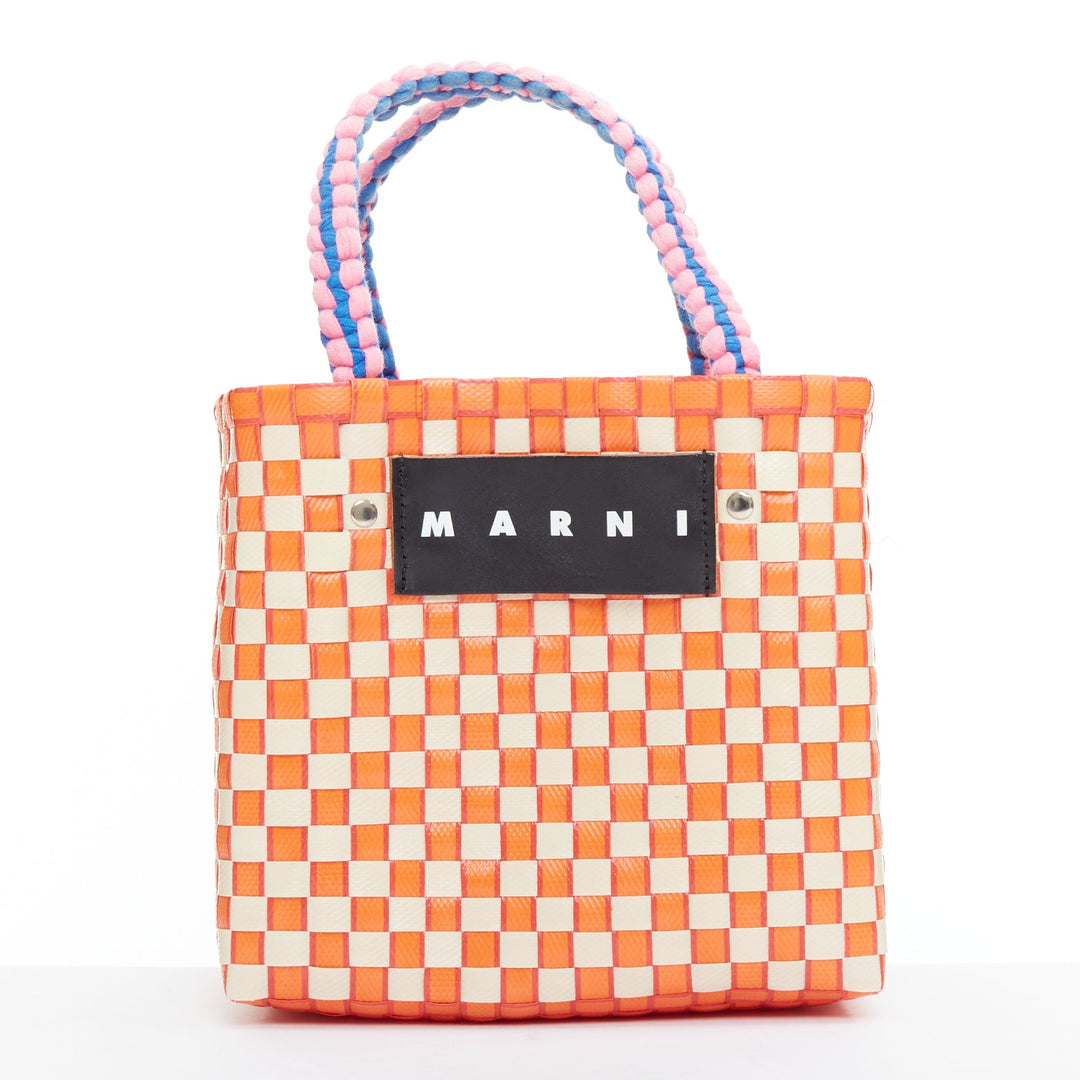 MARNI Basket orange cream straw brown leather tag rope trim top handle bag
