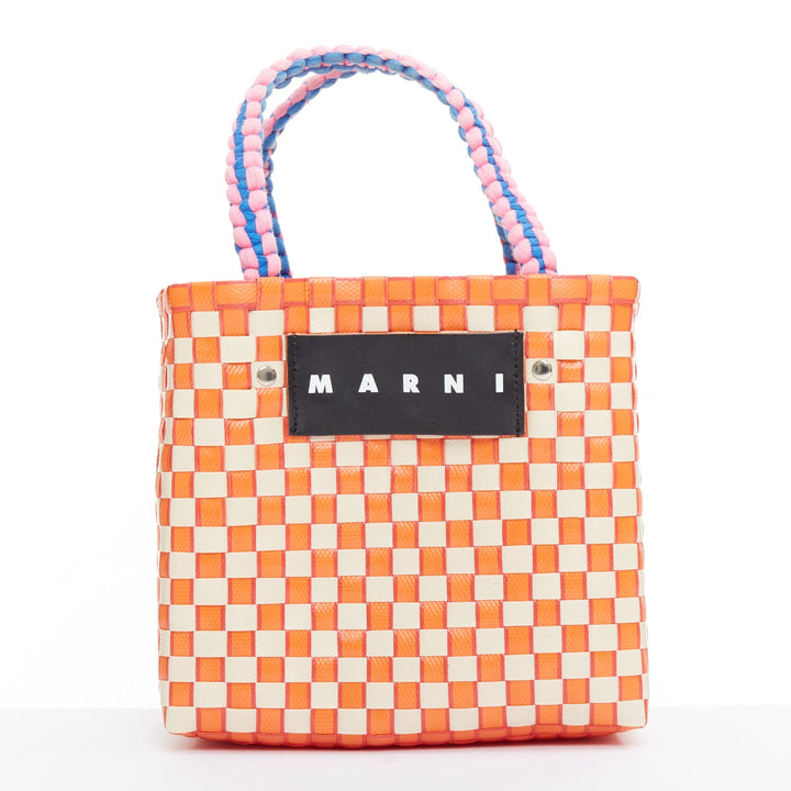 MARNI Basket orange cream straw brown leather tag rope trim top handle bag