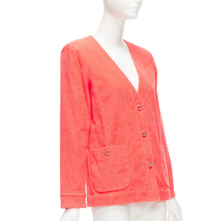 CHANEL coral pink towel terry cloth gold CC logo blazer jacket FR36 S