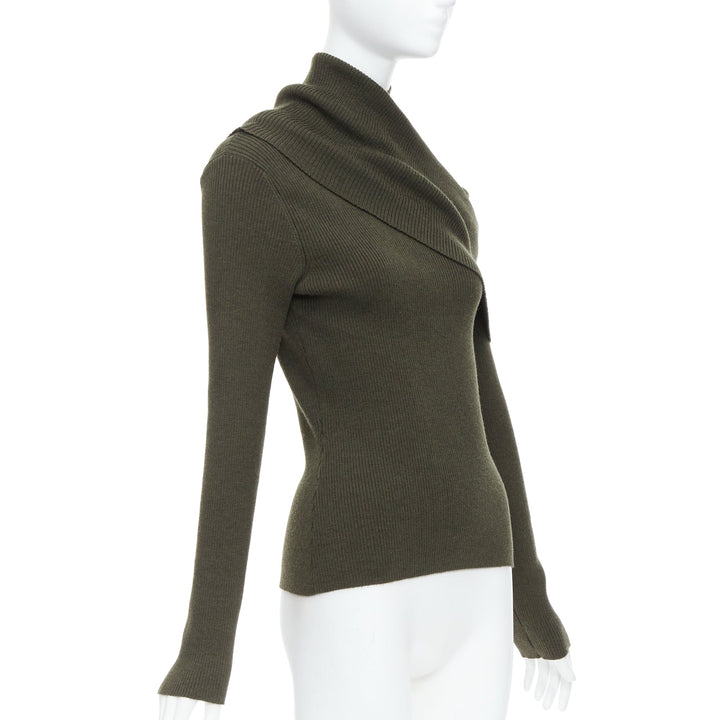 MONSE green merino wool fold over draped off shoulder sweater S