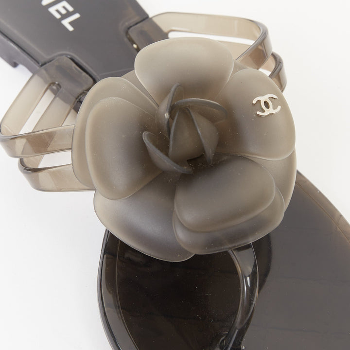 CHANEL gray clear Camellia flower open toe rubber thong flat jelly sandals EU38