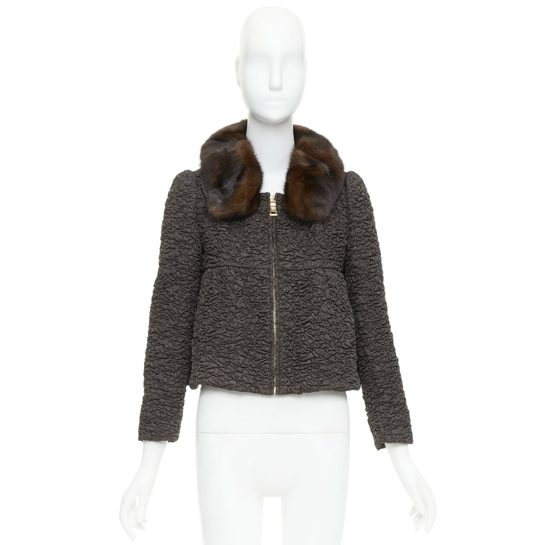 PRADA 2010 brown mink fur collar crinkled quilted puff sleeve jacket IT40 S