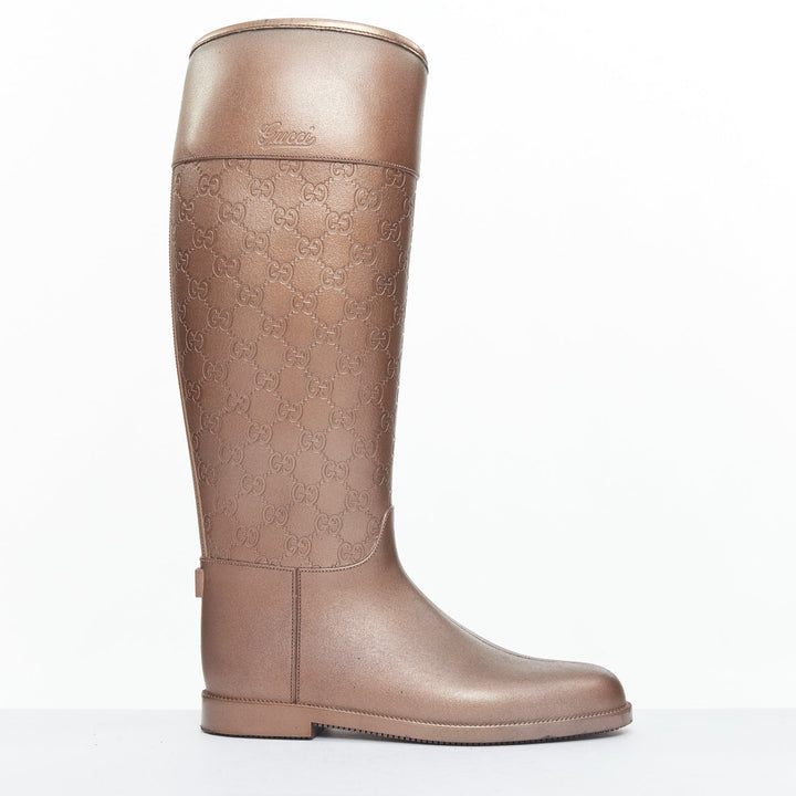 GUCCI bronze GG logo monogram rubber flat tall rainboots EU36