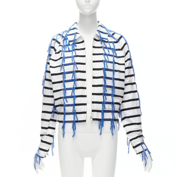 ANAIS JOURDEN blue white black striped tassel trim raglan cropped jacket FR36 S