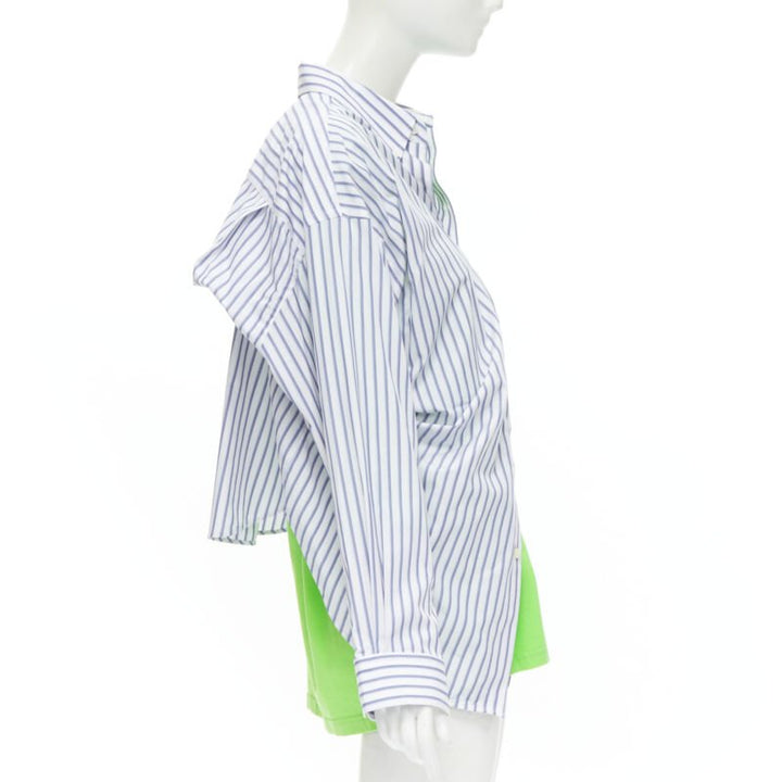 BALENCIAGA 2017 green tshirt blue striped shirt 2 way draped top FR34 XS