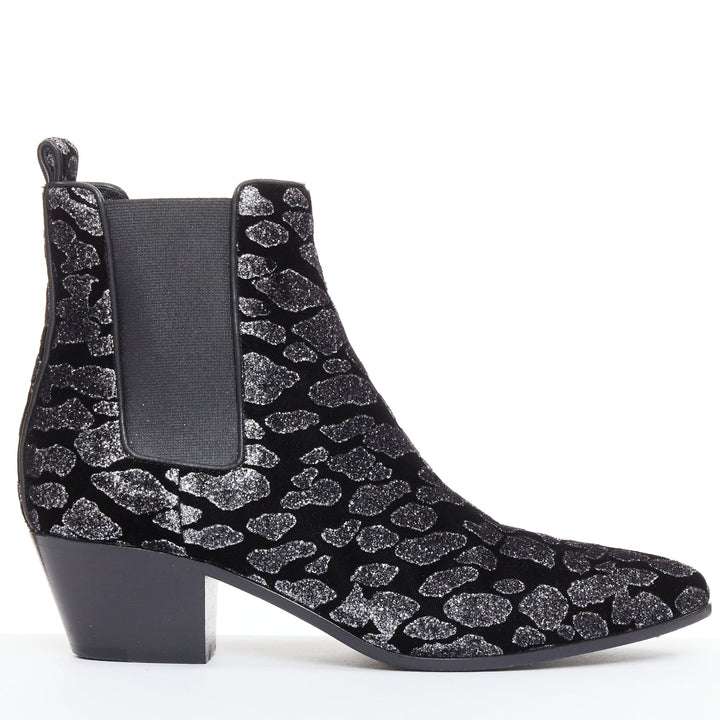 SAINT LAURENT Rock Leopard black grey glitter leopard velvet chelsea boots EU36