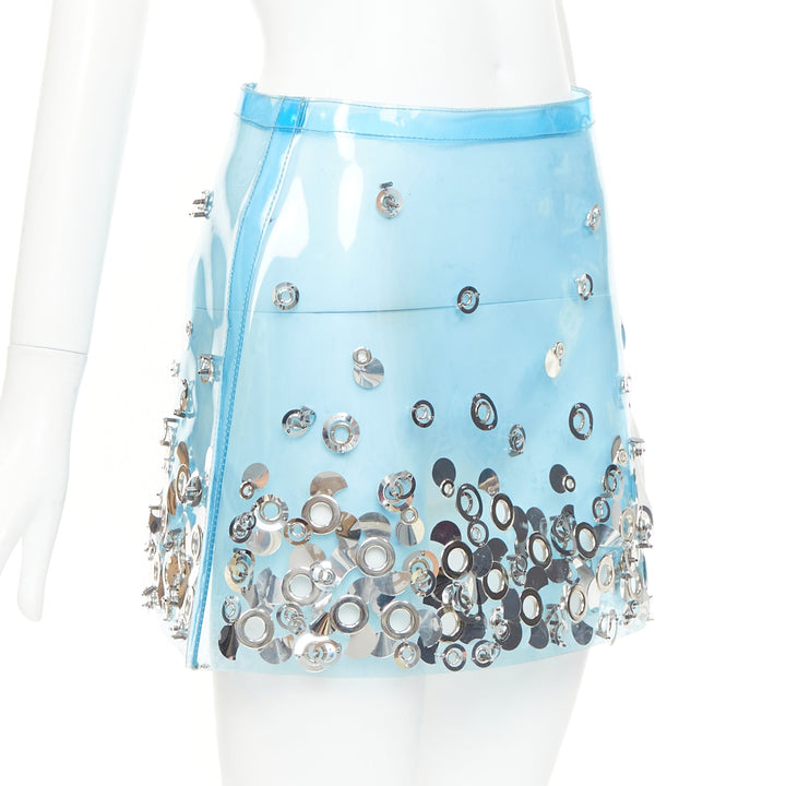 rare MIU MIU sky blue clear PVC silver sequins grommet embellished mini skirt XS