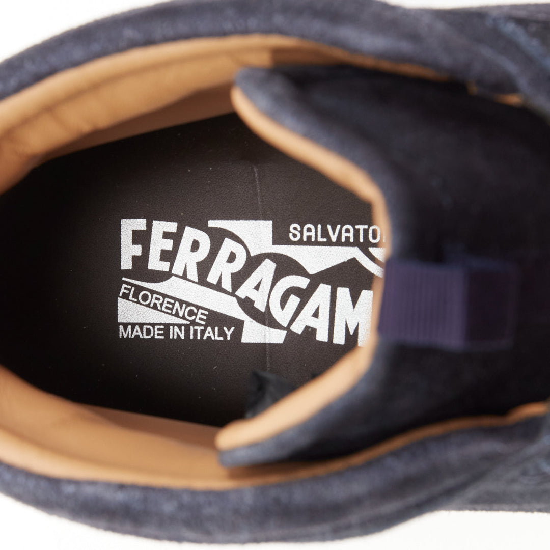 SALVATORE FERRAGAMO navy suede logo deboss high top sneakers UK8.5 EU42.5