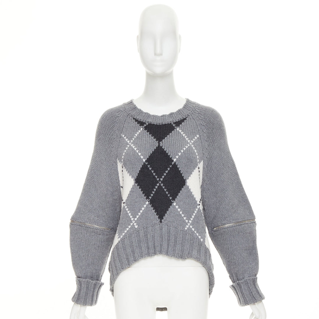 ALEXANDER MCQUEEN 2017 grey wool argyle intarsia zipper trim high low sweater S
