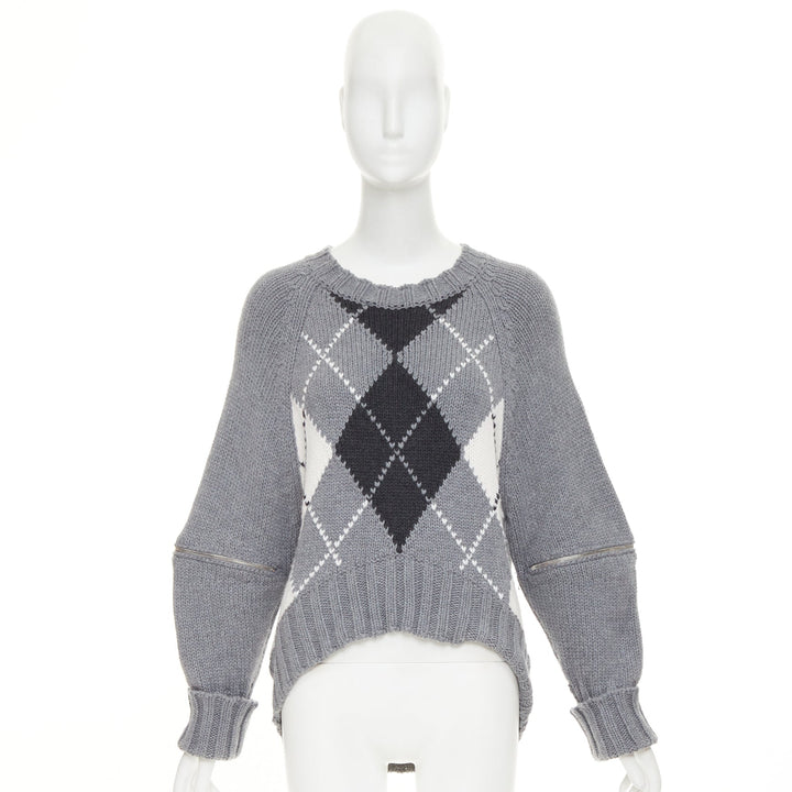 ALEXANDER MCQUEEN 2017 grey wool argyle intarsia zipper trim high low sweater S
