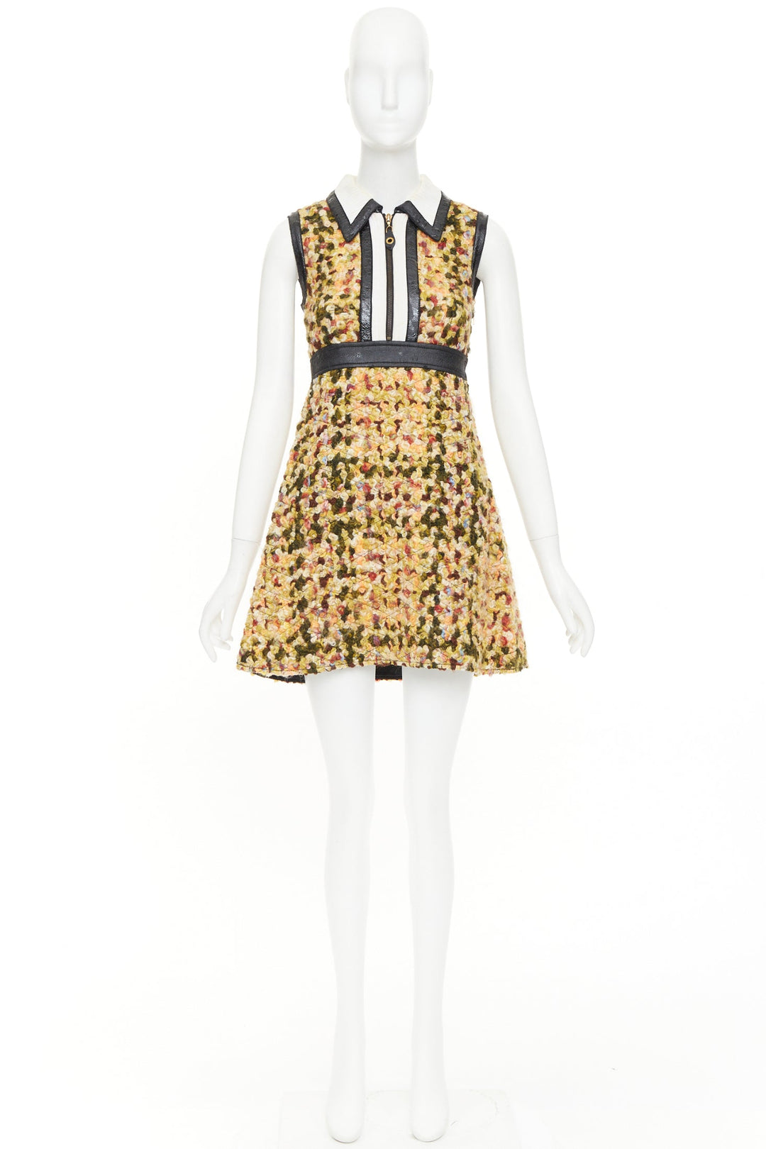 LOUIS VUITTON 2014 Runway yellow quilted tweed boucle black patent dress FR38 M