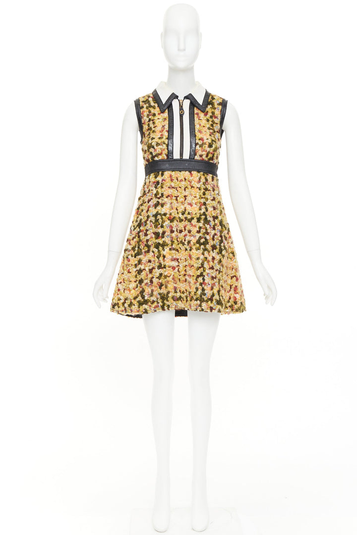 LOUIS VUITTON 2014 Runway yellow quilted tweed boucle black patent dress FR38 M