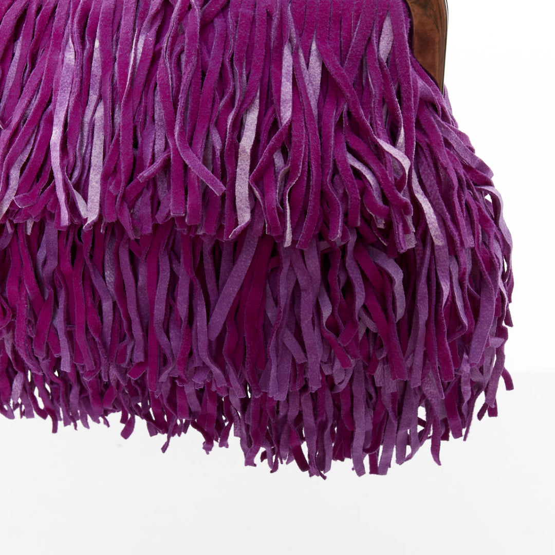 CHRISTIAN LOUBOUTIN purple suede leather fringe heel kiss lock clutch bag